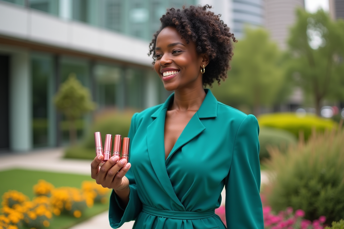 Femme noire souriante portant robe teal dans un jardin urbain