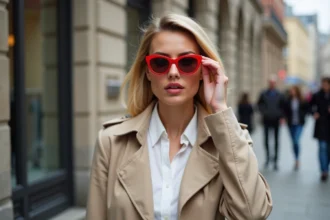 Femme en trench beige ajustant ses lunettes rouges en ville