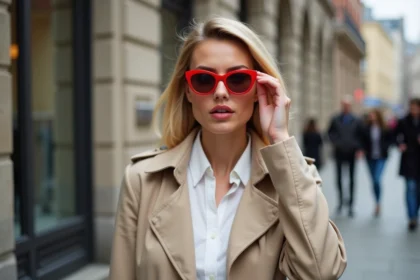 Femme en trench beige ajustant ses lunettes rouges en ville