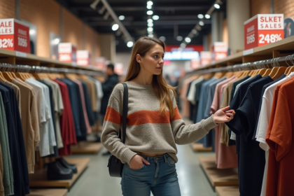 Femme en jeans et pull à motifs dans un magasin outlet en promotion