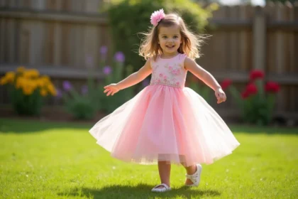 Fille en robe princesse rose tournant dans le jardin ensoleille