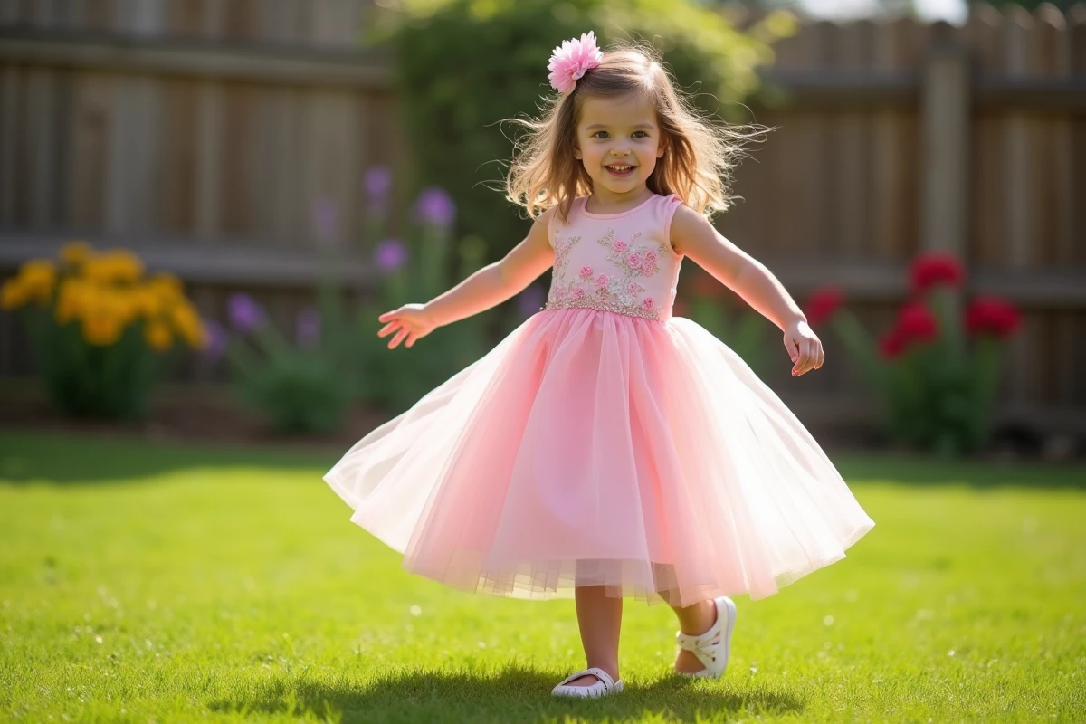 Fille en robe princesse rose tournant dans le jardin ensoleille