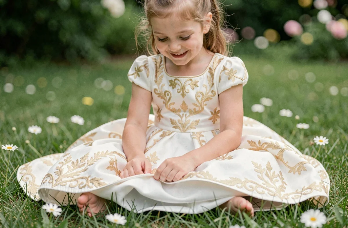 Fillette assise dans un jardin portant une robe de princesse blanche et dorée avec doublure confortable, souriant en regardant les détails du tissu