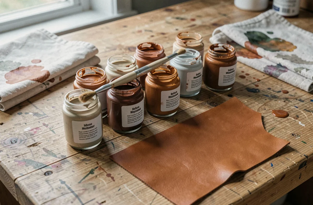 Flacons de peinture cuir professionnelle avec pinceau et échantillon de cuir montrant la transformation de couleur