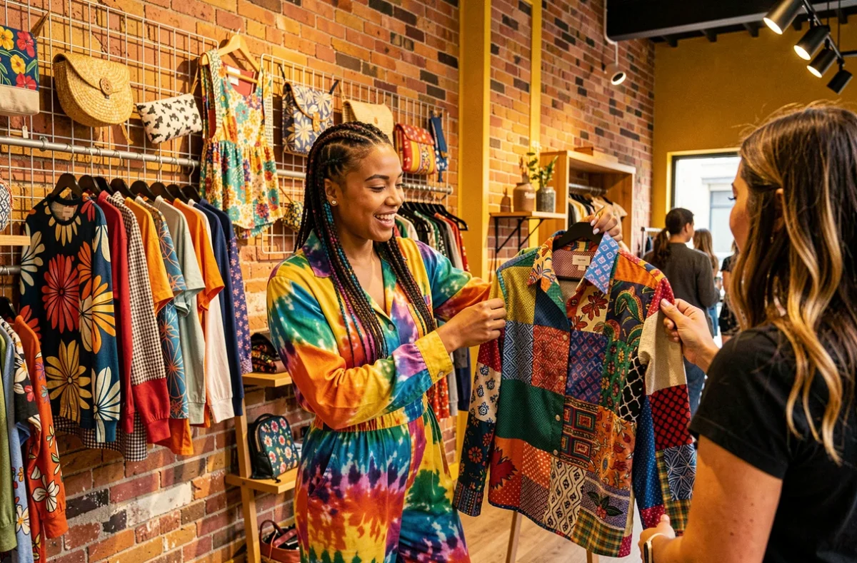 Funky Fabrik dans le Rhône, boutique mode colorée avec vêtements à motifs audacieux et accessoires textiles faits main