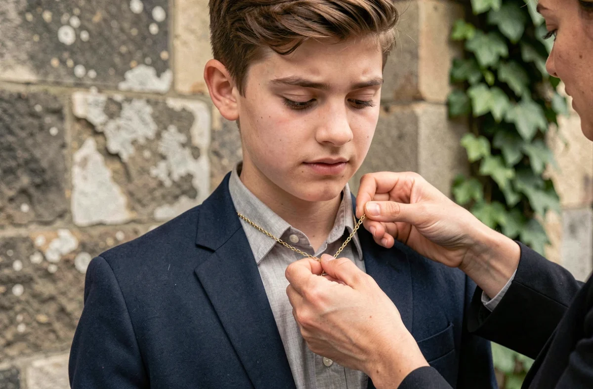 Garçon ado en costume recevant un collier en or comme cadeau de confirmation devant une église en pierre