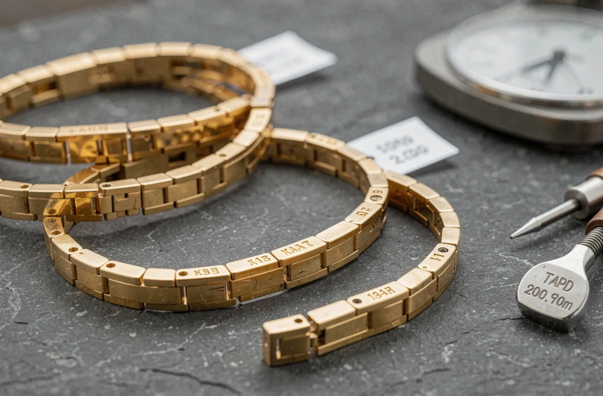 Gros plan de bracelets en or de différents carats avec étiquettes de prix et outils de bijoutier sur fond pierre