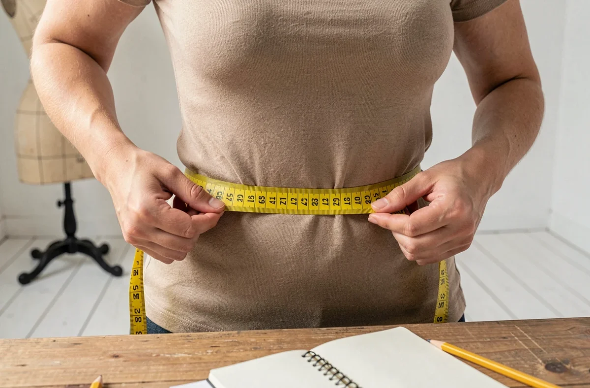 Gros plan d'un mètre ruban autour des hanches d'une femme pour la prise de mensurations en couture