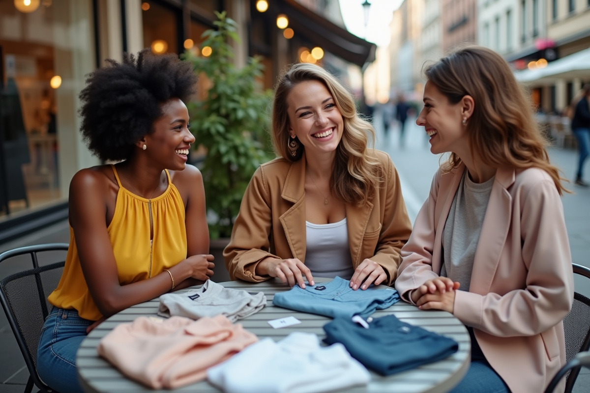 Groupe d amis discutant de vêtements tendance en extérieur