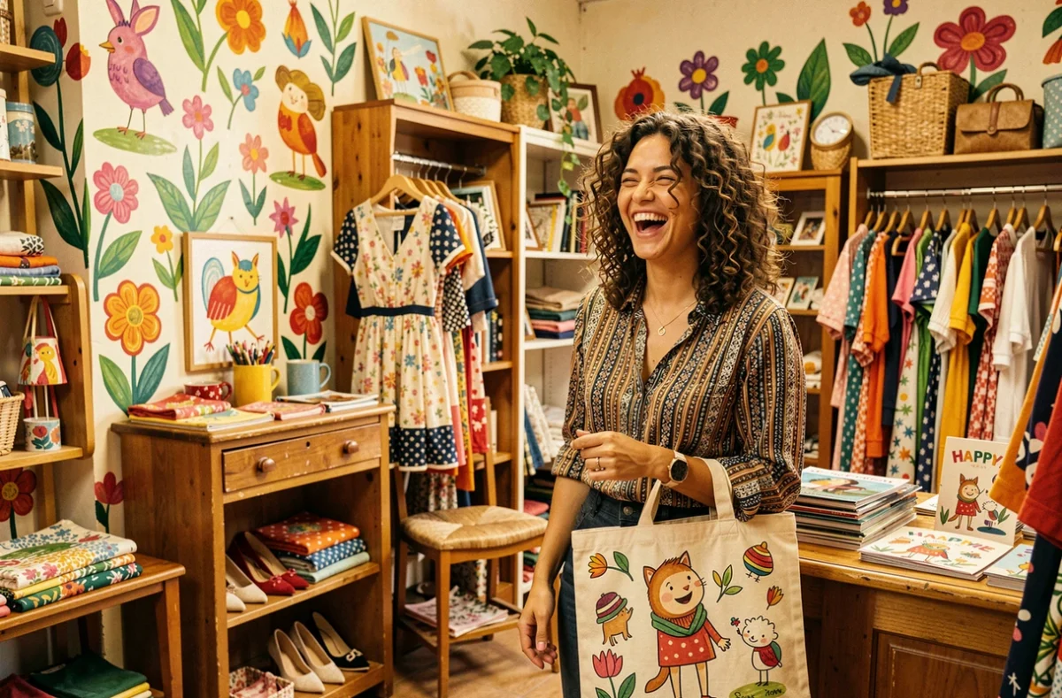 Boutique Happy Sisyphe dans le Rhône, espace coloré et éclectique avec mode et accessoires fantaisistes