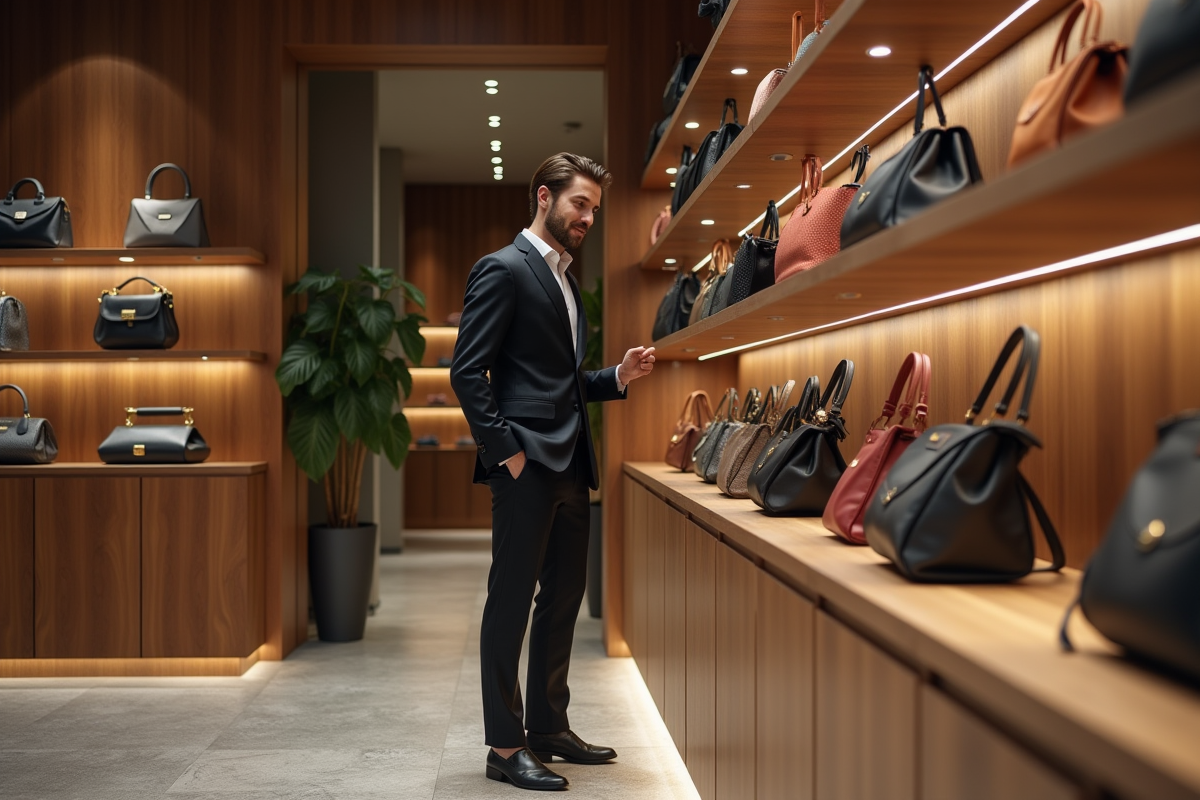 Jeune homme explore sacs dans boutique chic