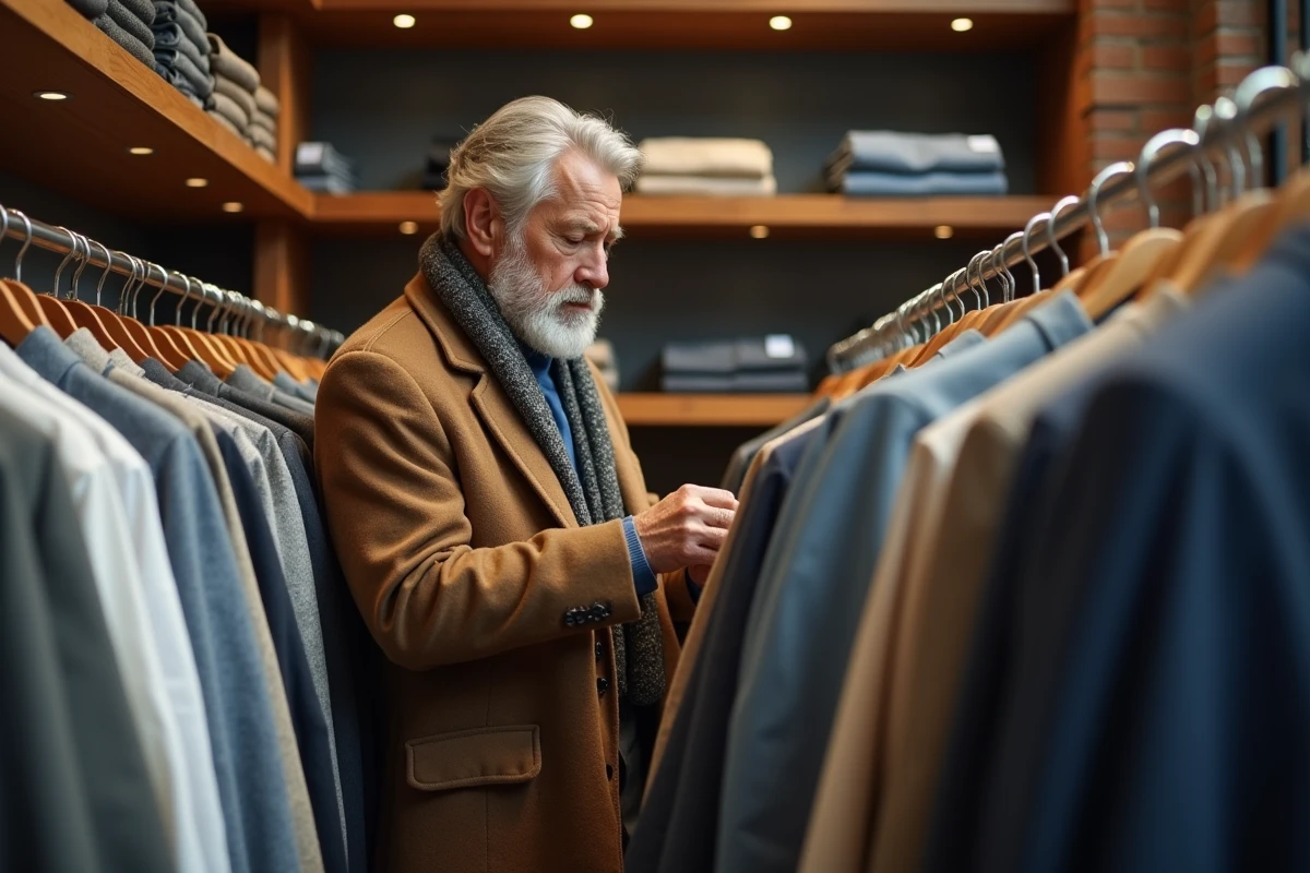 Homme regarde étiquettes vêtements dans boutique élégante