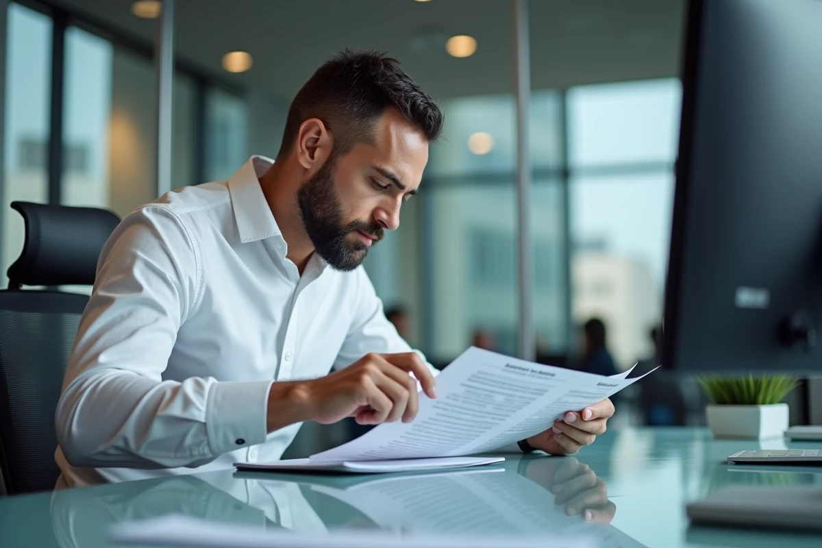 Homme en bureau analysant un relevé bancaire avec une charge inconnue pointée du doigt