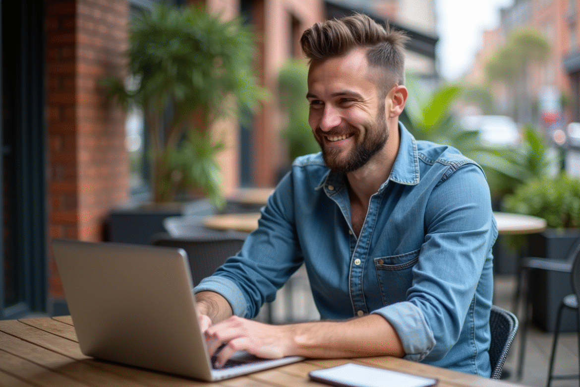 Homme détendu travaillant sur son laptop en terrasse