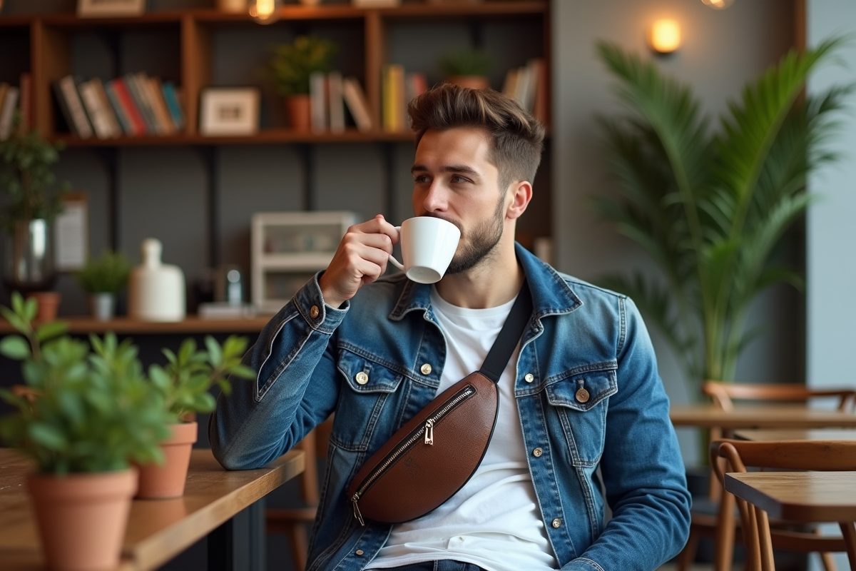 Homme assis au café portant un sac banane en denim