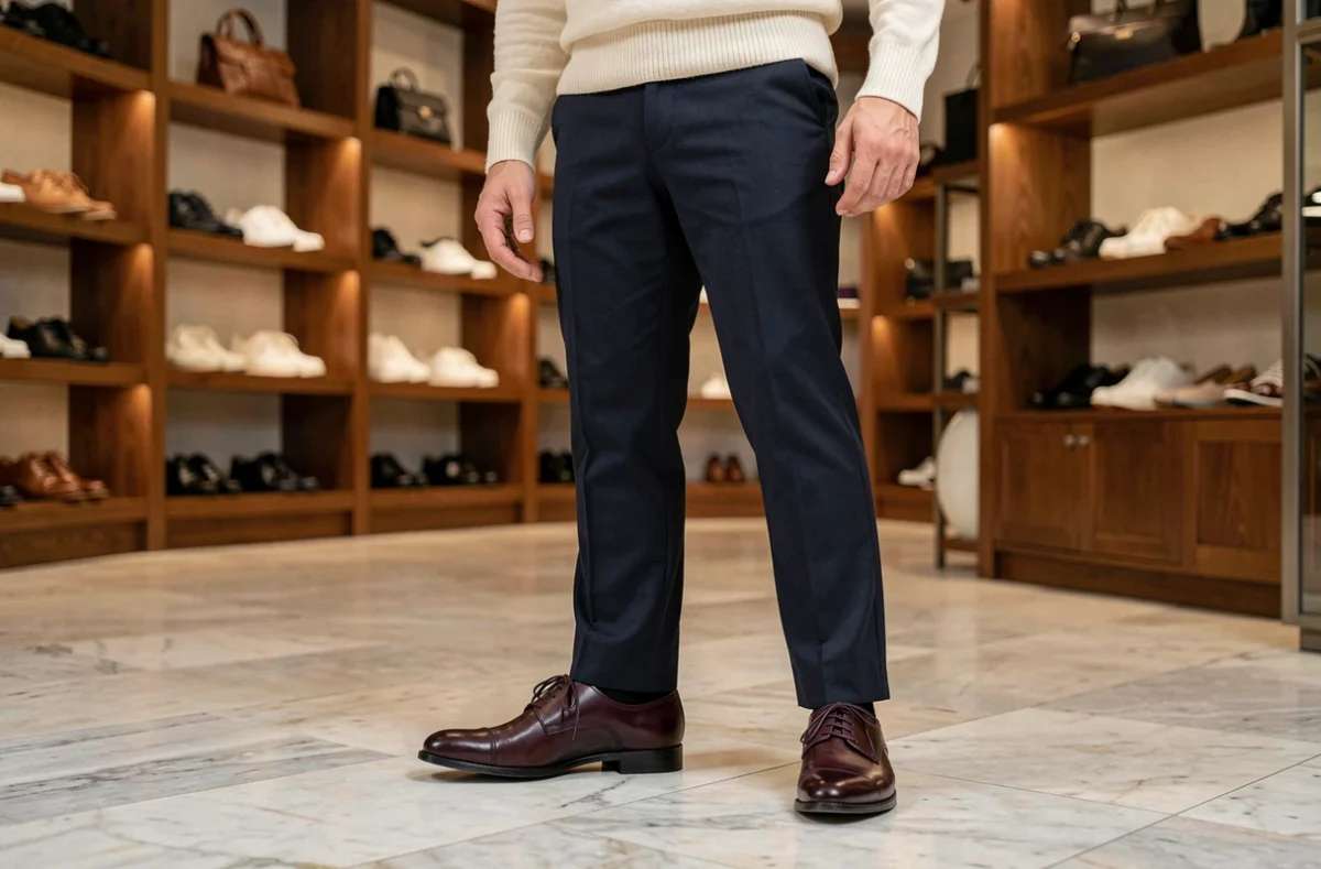 Homme élégant en boutique parisienne portant des chaussures derby bordeaux de fabrication française avec un pantalon marine taillé sur mesure