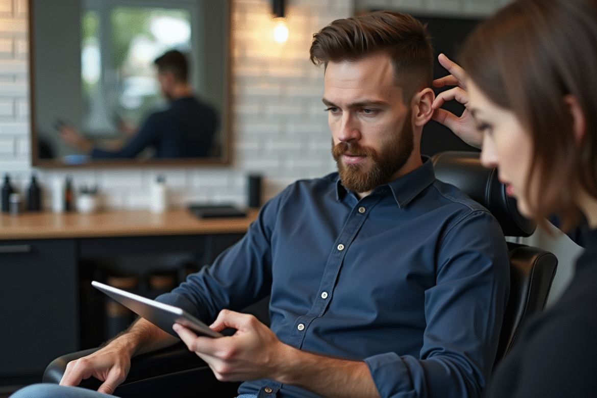 Homme en salon de coiffure regardant une tablette