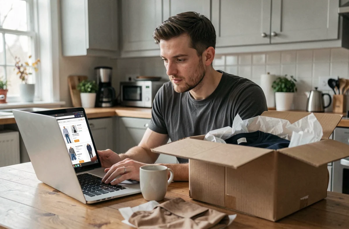 Homme inspectant un vêtement reçu d'une commande en ligne avec une marque peu connue affiché sur son ordinateur