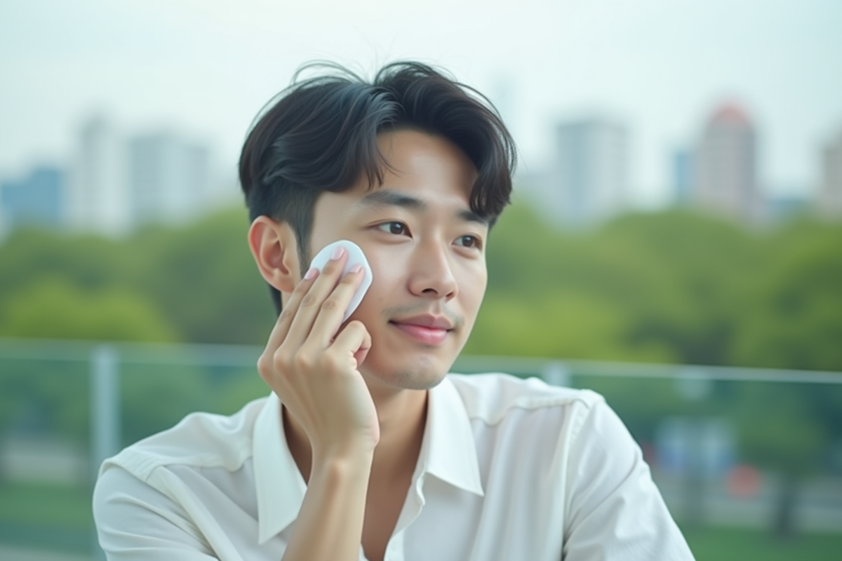 Homme coreen posant un masque visage sur un balcon urbain