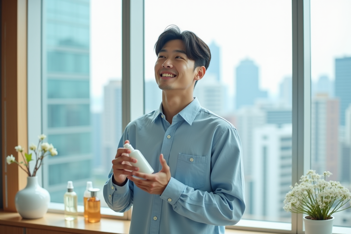 Homme koreen vaporisant un soin visage devant une fenetre urbaine