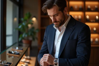 Homme examinant une montre de luxe Rolex dans une boutique horlogerie, guide achat montre pas cher avec garanties