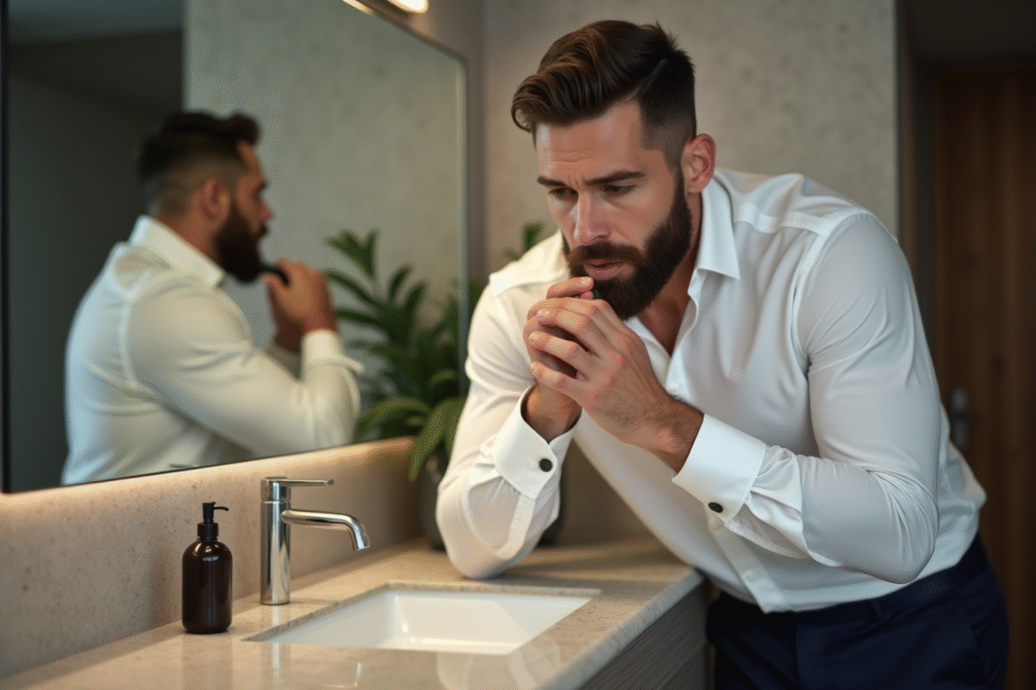 Homme en train de se raser la barbe dans une salle de bain moderne