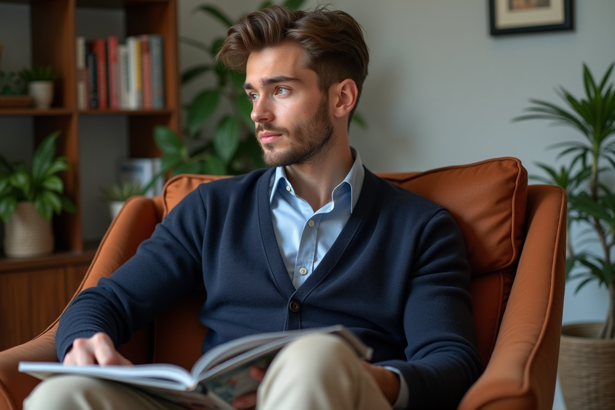 Homme en mode décontracté dans un salon cosy