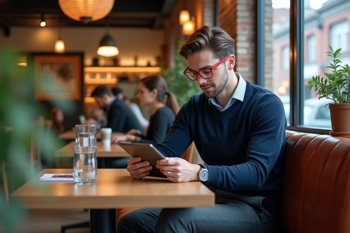 Jeune homme portant lunettes rouges lisant au café