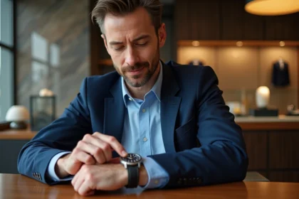 Homme élégant examinant une montre de luxe dans une boutique