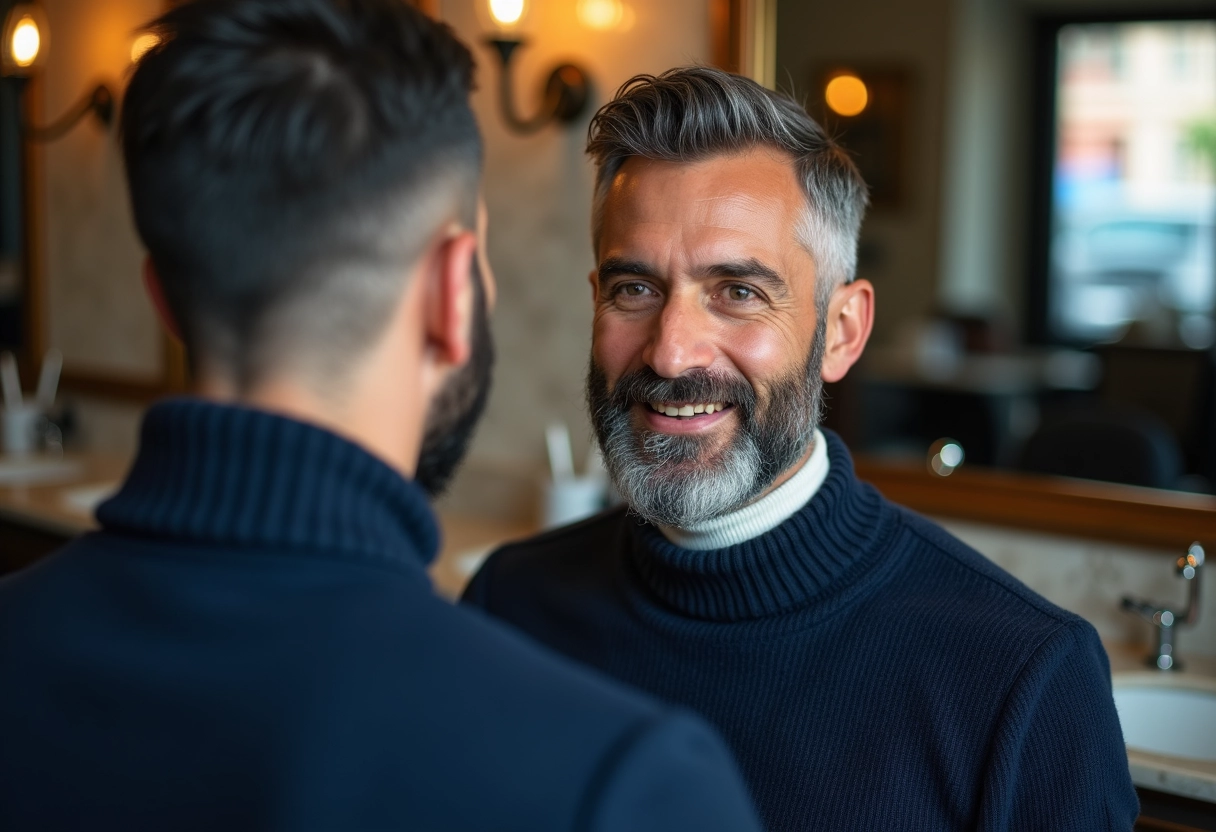 Homme espagnol admire sa coupe dégradée dans un salon vintage