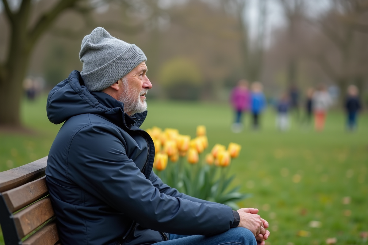 Homme mature assis sur un banc dans un parc au printemps