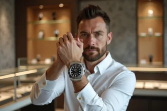 Homme examinant une Rolex Daytona en acier dans une boutique de montres de luxe