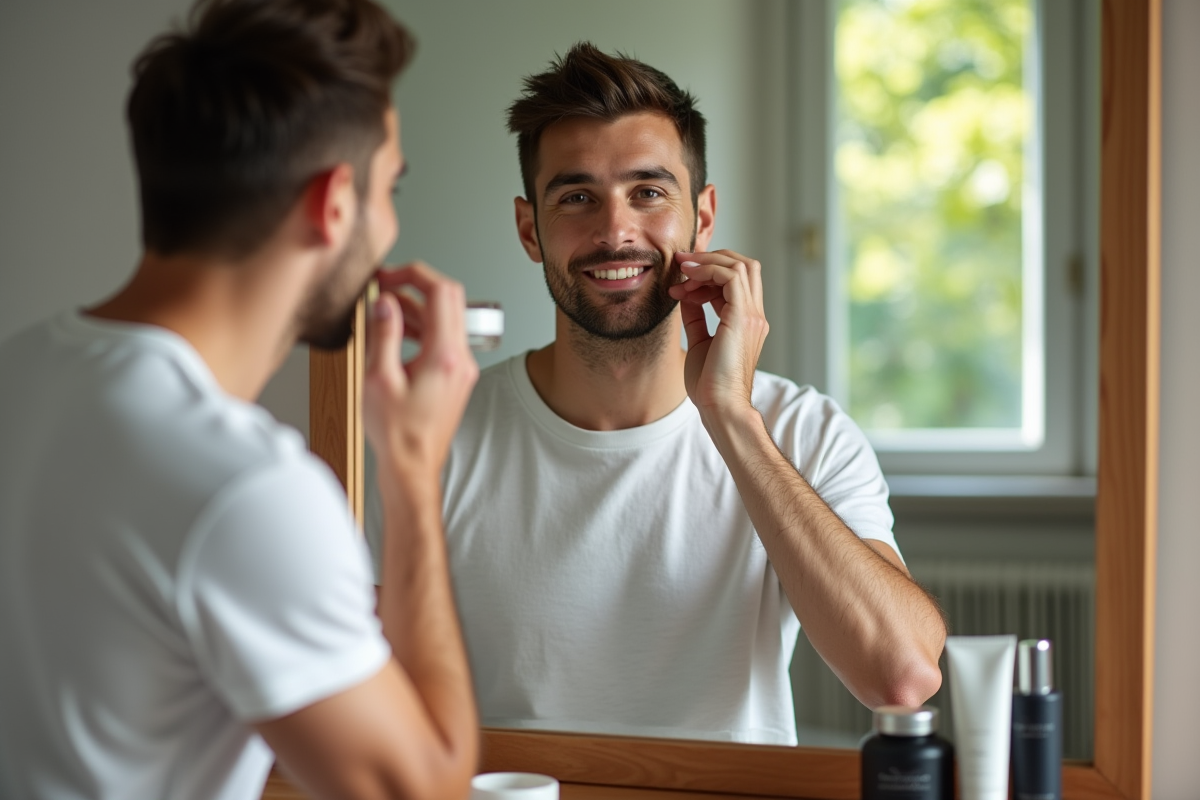 Homme examinant sa peau avec une creme visage dans sa chambre