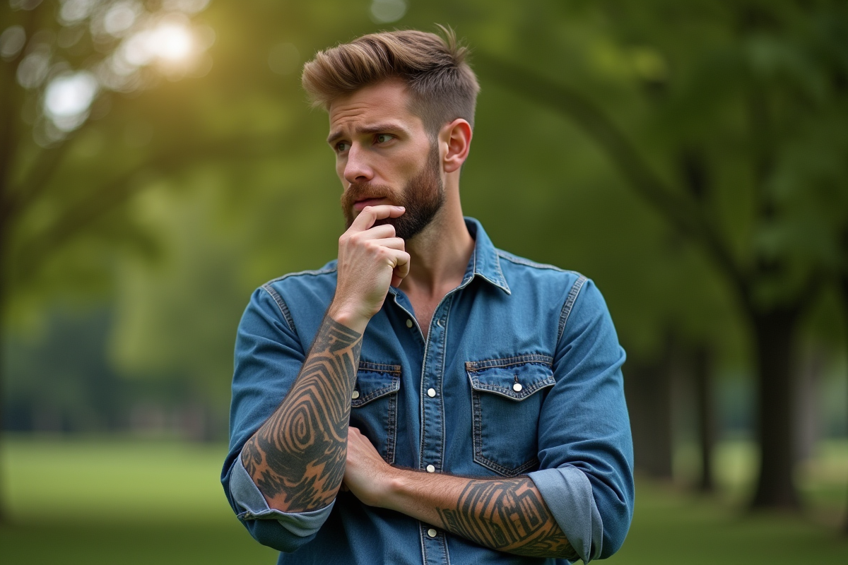 Homme pensif avec tatouage géométrique dans un parc