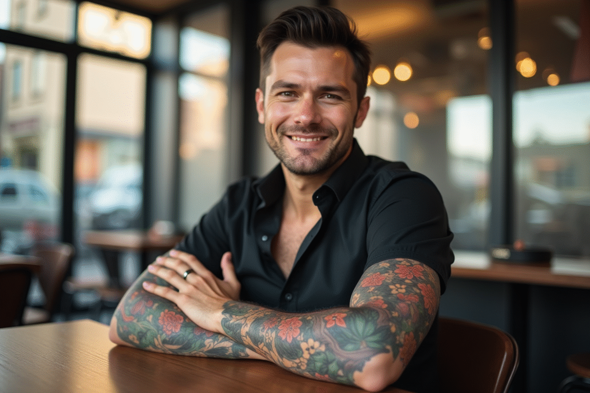 Homme confiant avec tatouage japonais au café lumineux