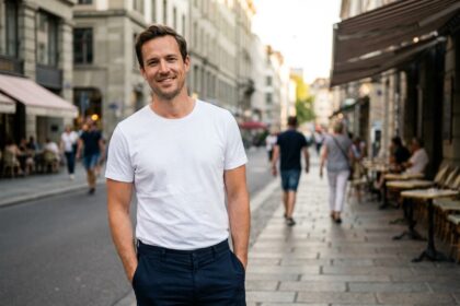 Homme stylé en T-shirt blanc à manches courtes et pantalon marine dans une rue urbaine ensoleillée