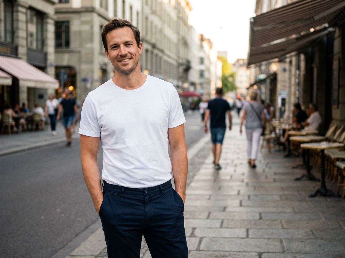 Homme stylé en T-shirt blanc à manches courtes et pantalon marine dans une rue urbaine ensoleillée