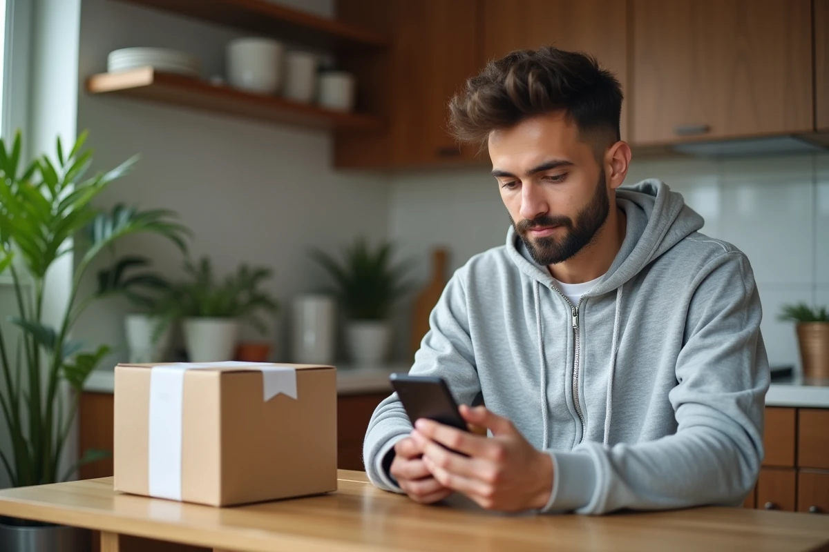 Homme vérifiant un colis dans sa cuisine moderne