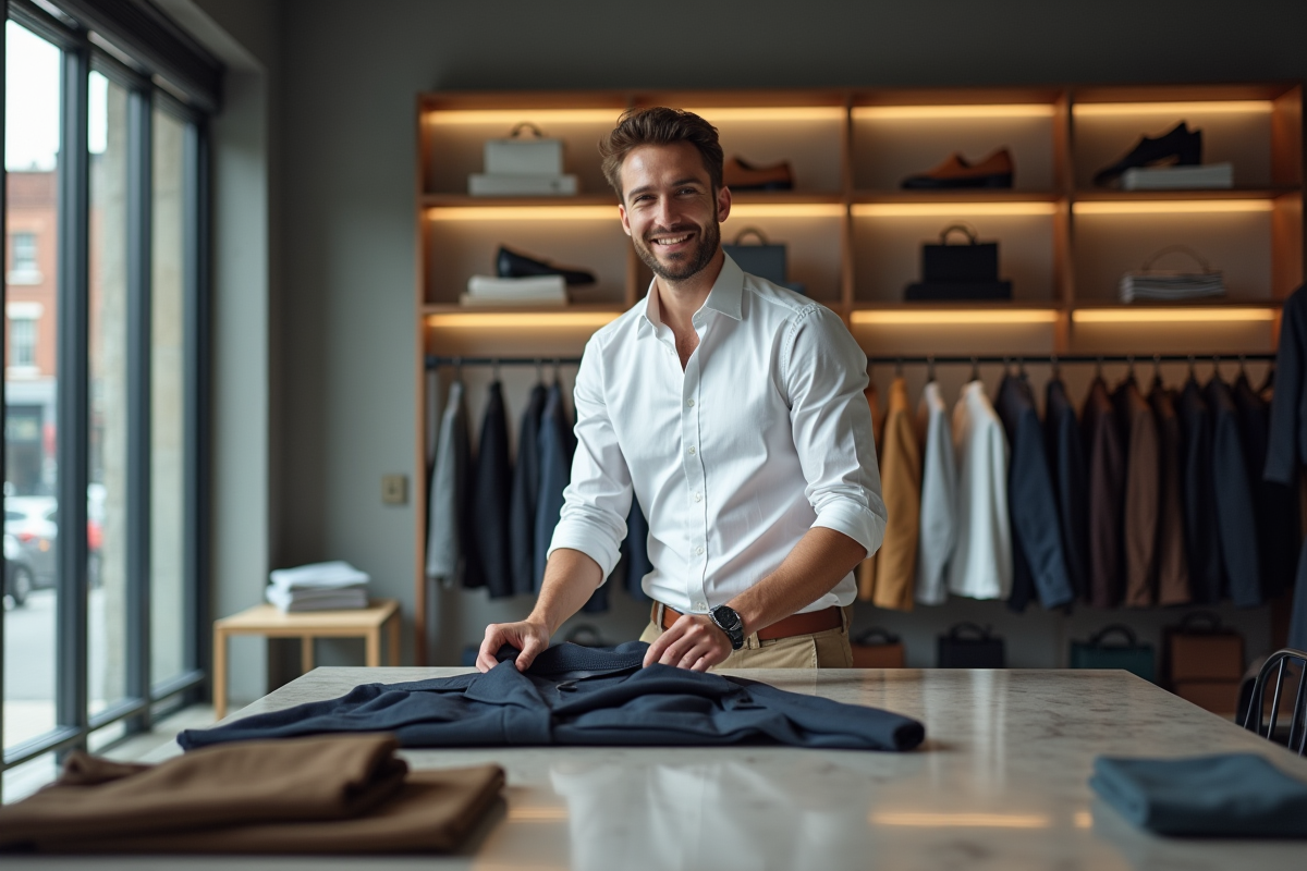 Jeune homme arrangeant des vestes dans une boutique