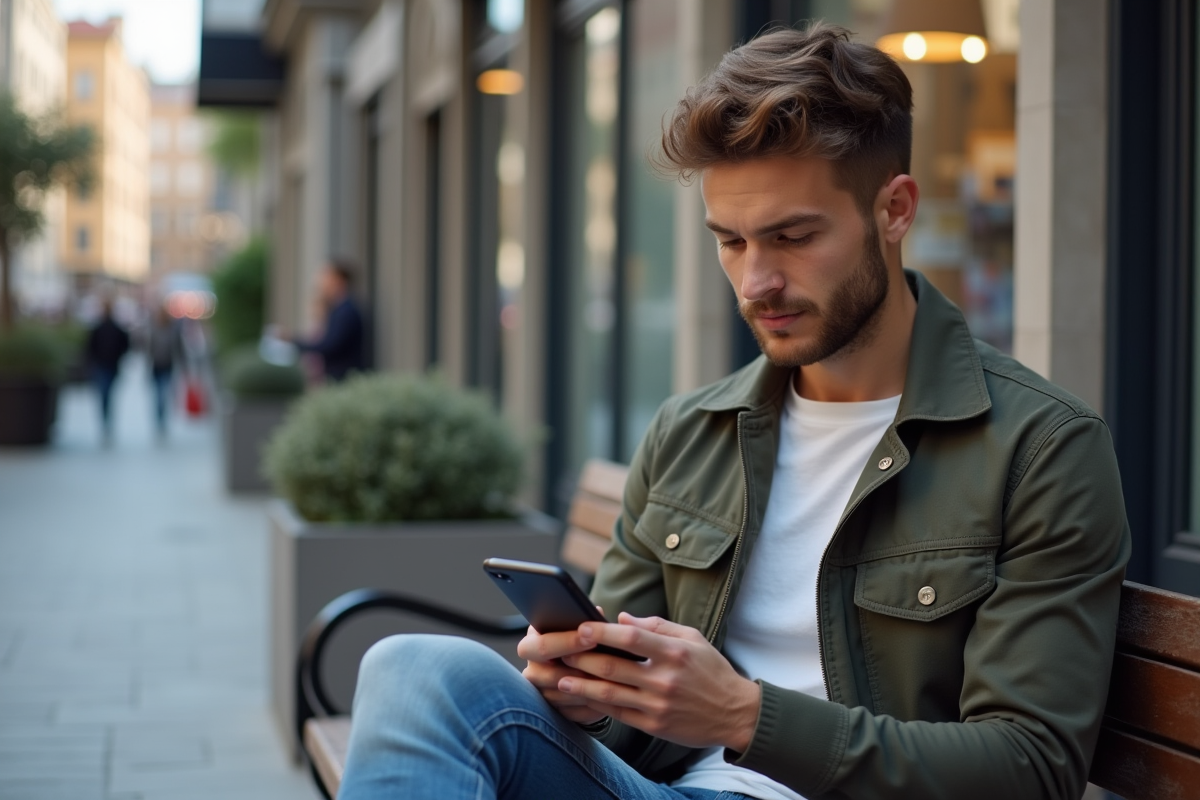 Homme en ville regardant des images de vêtements sur son smartphone