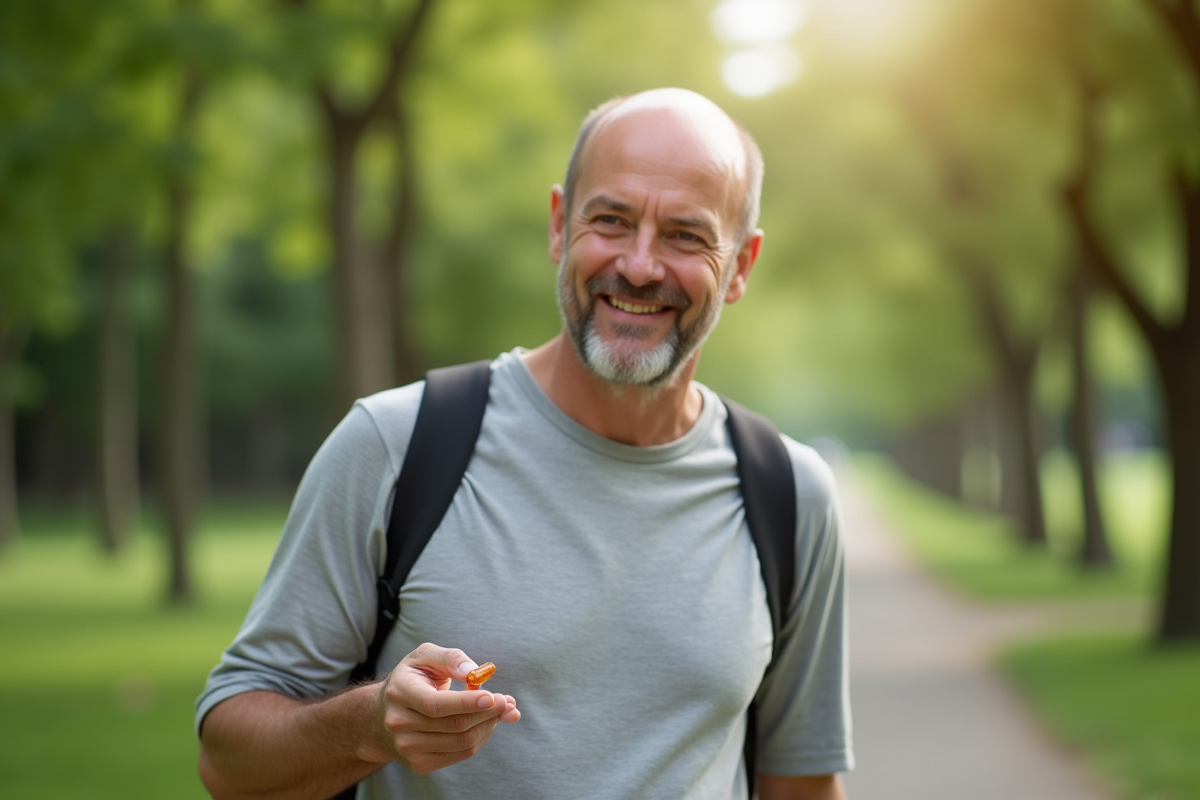 Homme souriant tenant une capsule de vitamine en plein air