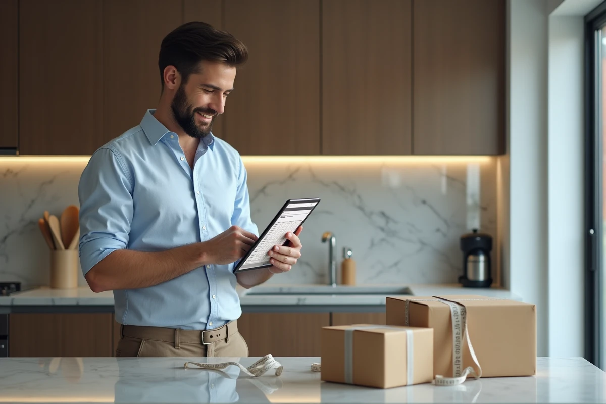 Homme mesure sa taille avec un ruban dans la cuisine