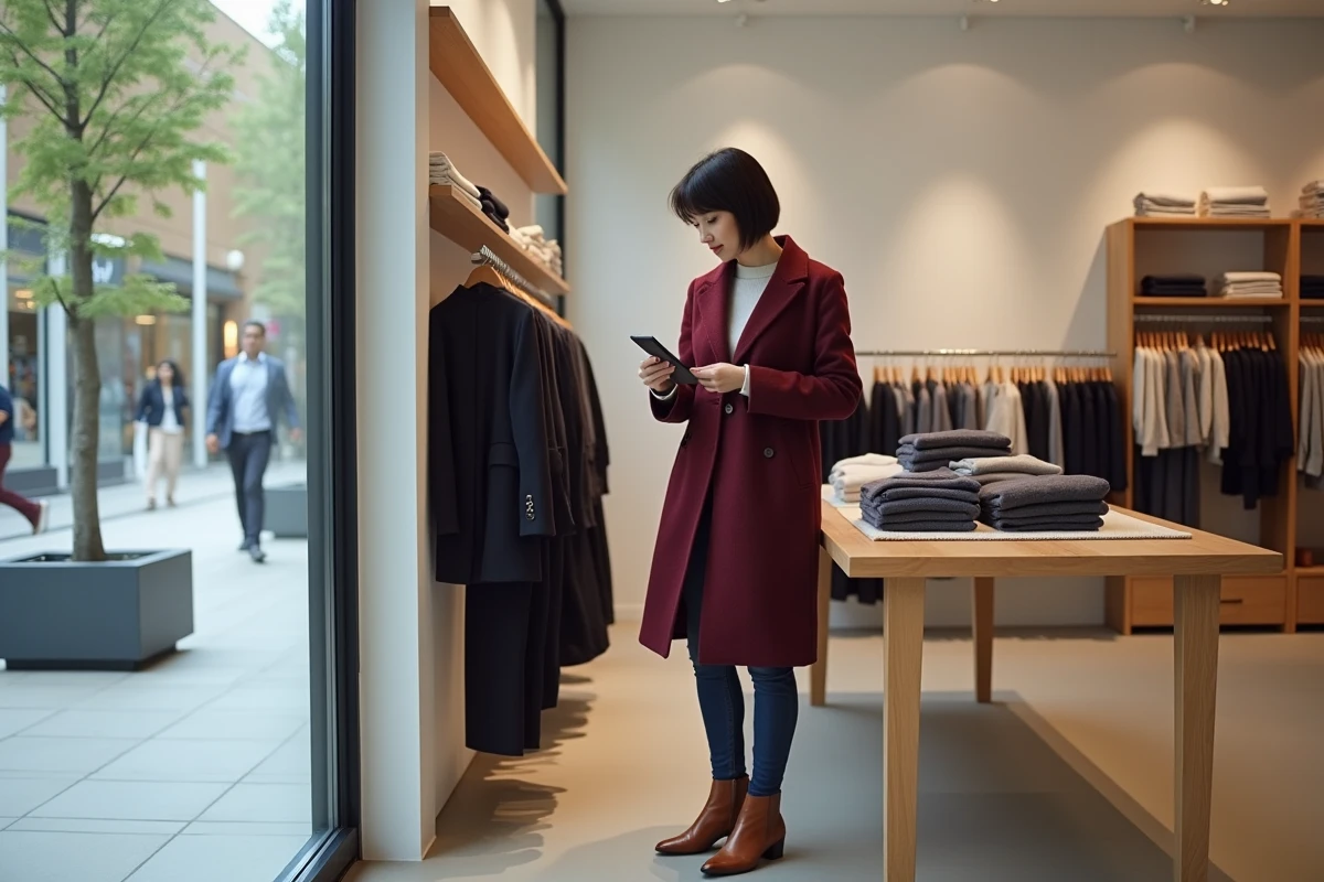 Femme examinant les prix dans une boutique de mode du Village des Marques à Miramas