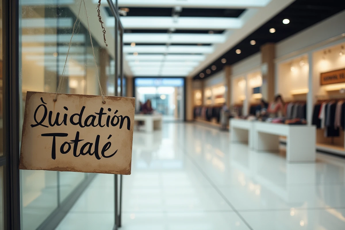 Intérieur vide d'un magasin Zara fermé avec rayonnages abandonnés et affiche de liquidation