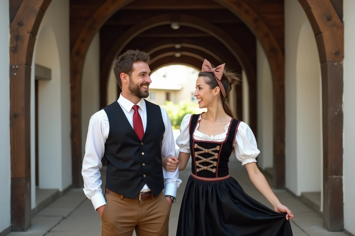 Jeune couple alsacien en costume regional dans une rue ancienne