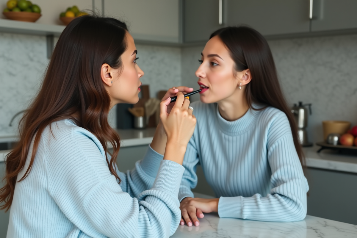 Jeune femme montrant comment appliquer du rouge à lèvres