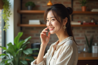 Jeune femme en blouse lin et sourire naturel devant un mur de briques