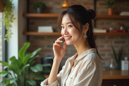 Jeune femme en blouse lin et sourire naturel devant un mur de briques