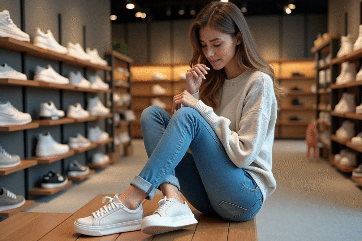 Jeune femme en jeans et pull essayant des sneakers dans un magasin