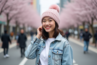 Jeune femme souriante avec bonnet pastel dans la ville au printemps